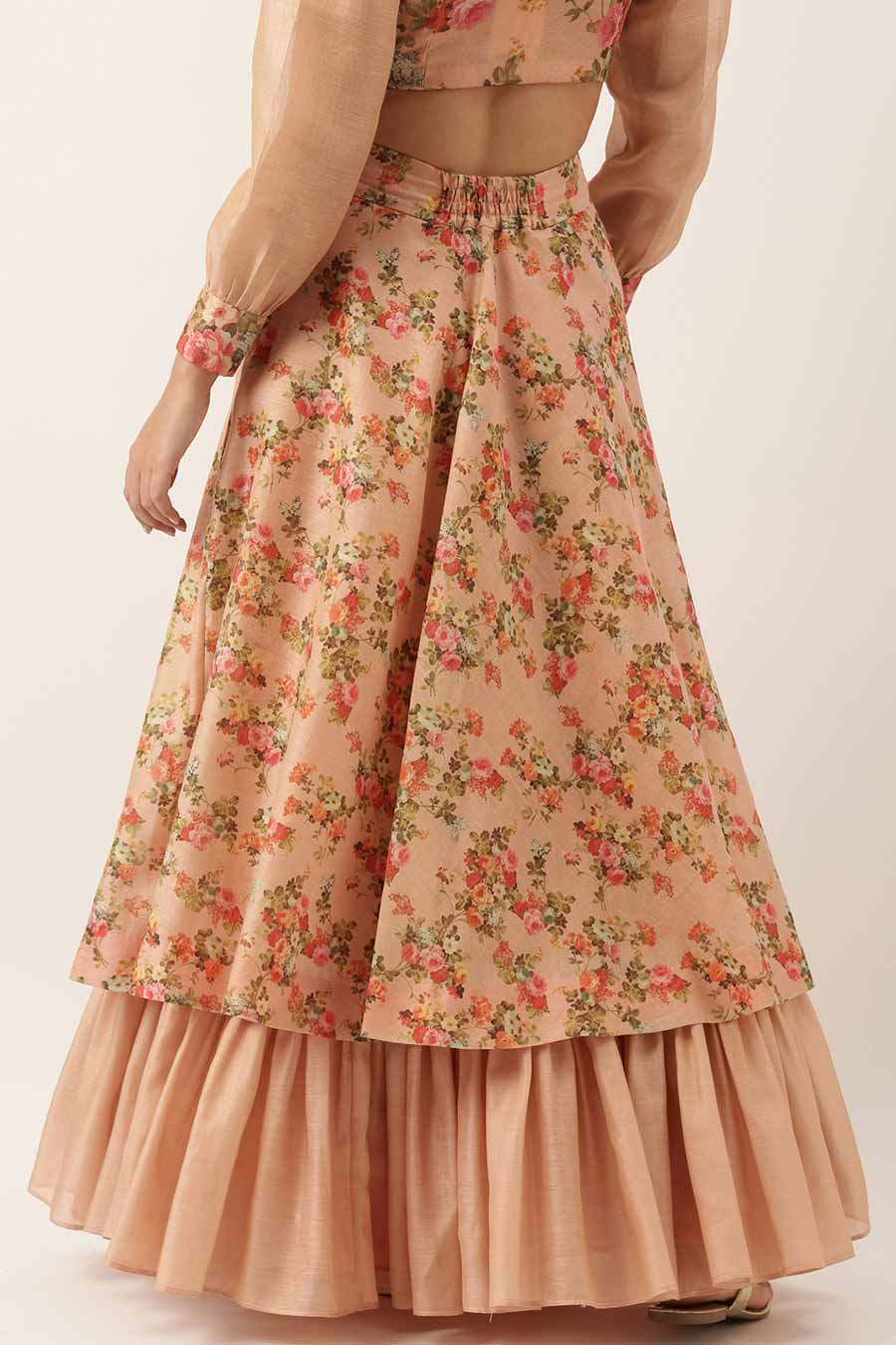 Chanderi Pink Printed Blouse & Skirt Set