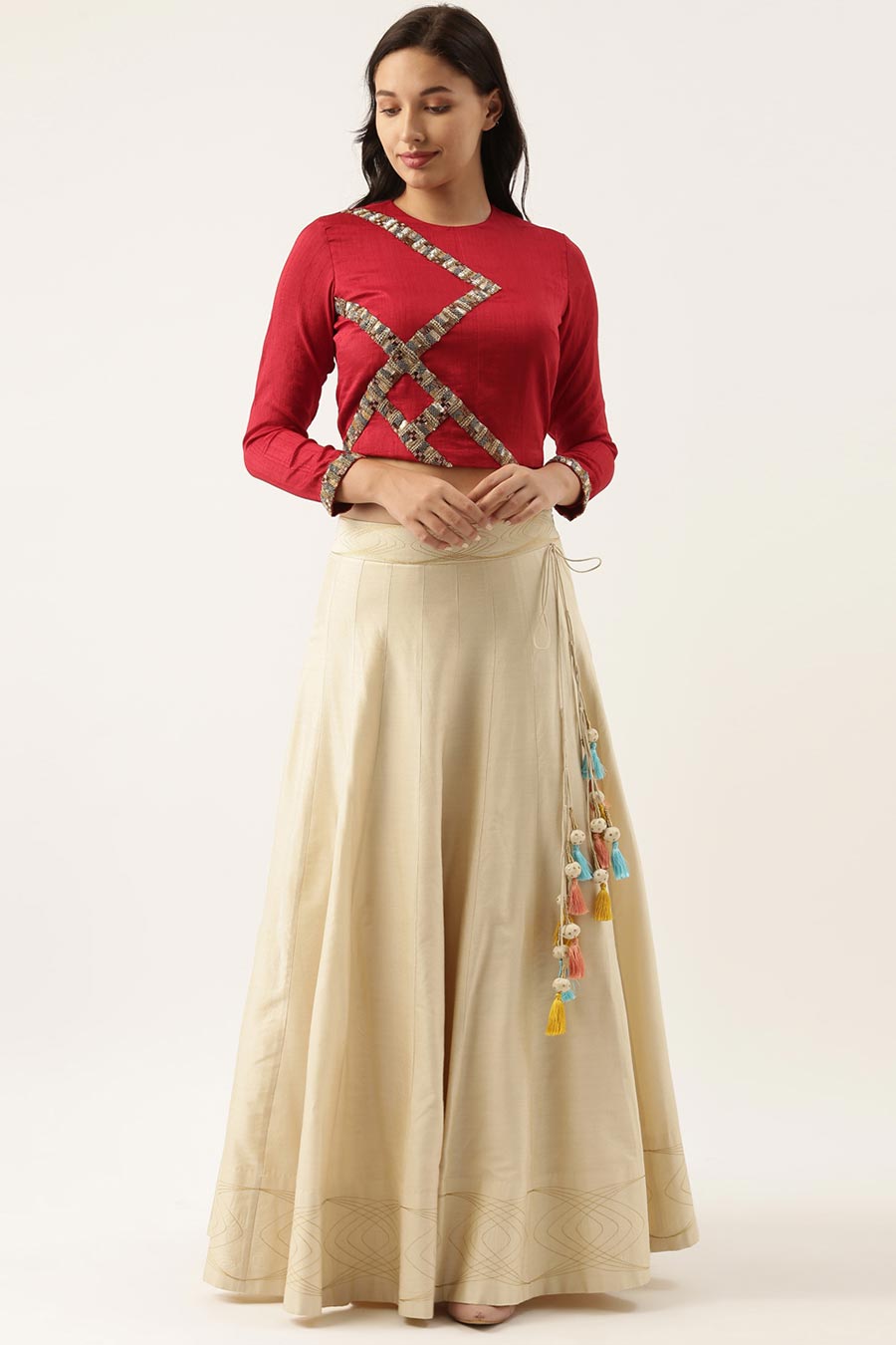 Red Silk Sequined Top & Beige Skirt Set
