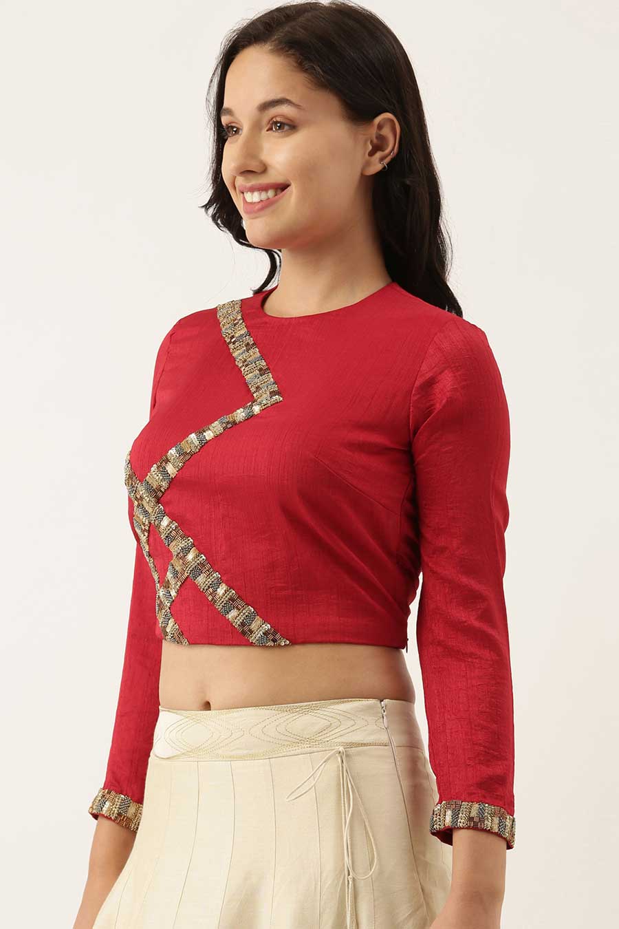 Red Silk Sequined Blouse Top