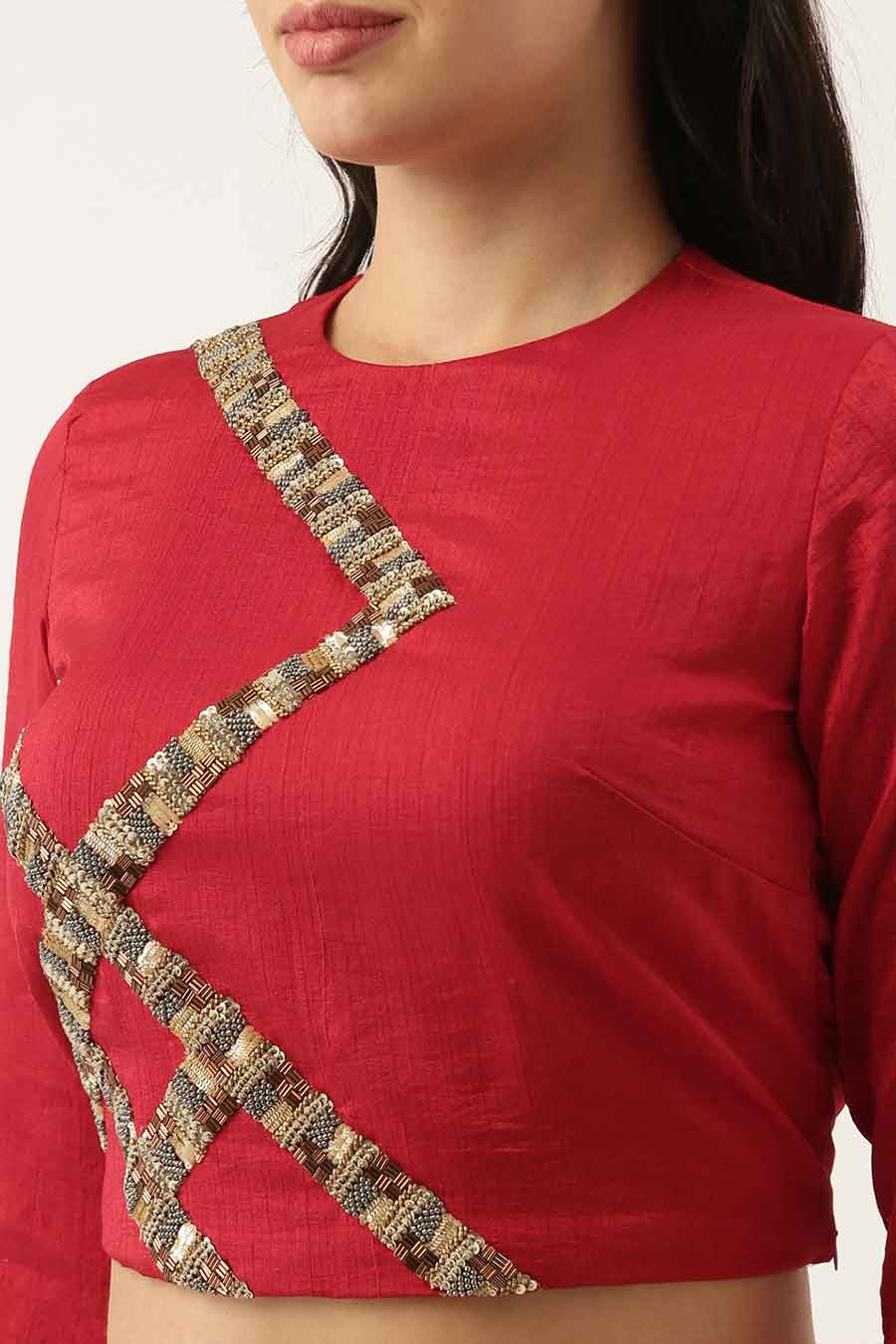 Red Silk Sequined Blouse Top