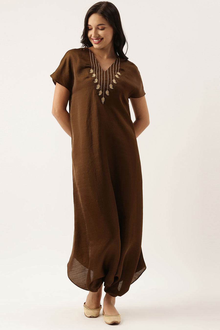 Brown Silk Embroidered Jumpsuit