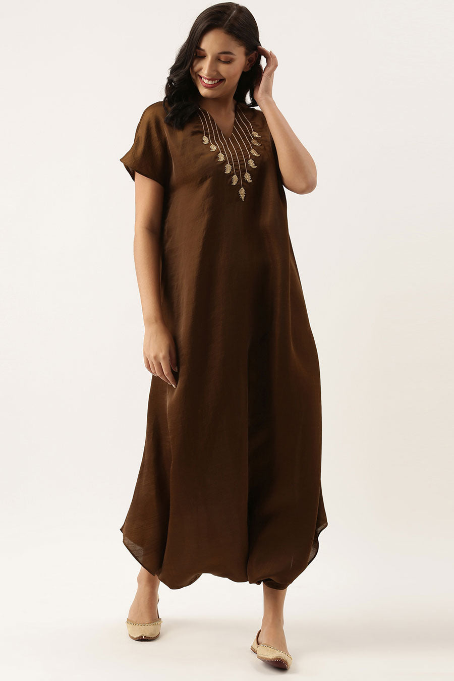 Brown Silk Embroidered Jumpsuit