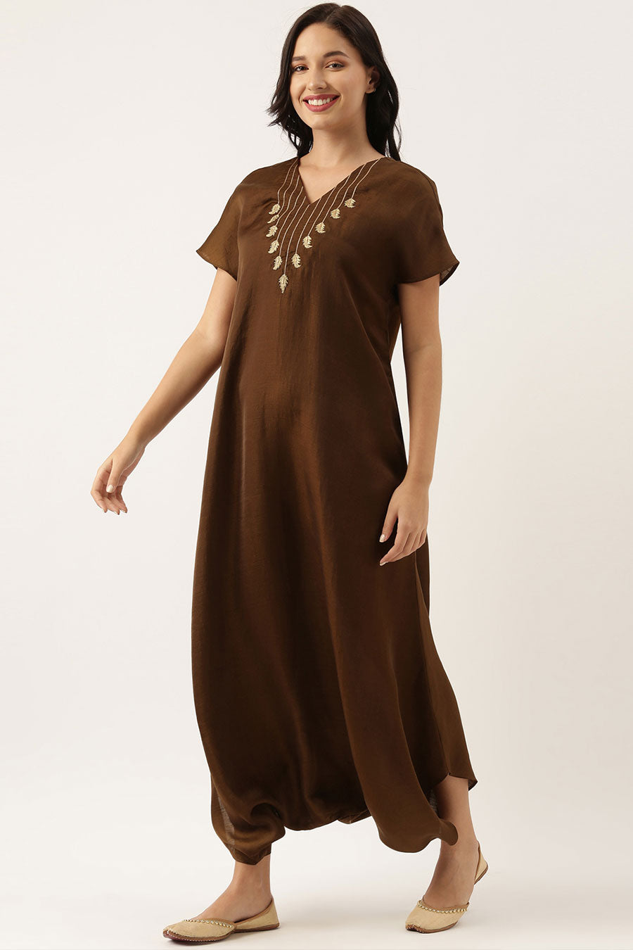 Brown Silk Embroidered Jumpsuit