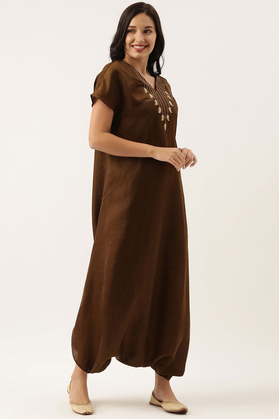 Brown Silk Embroidered Jumpsuit