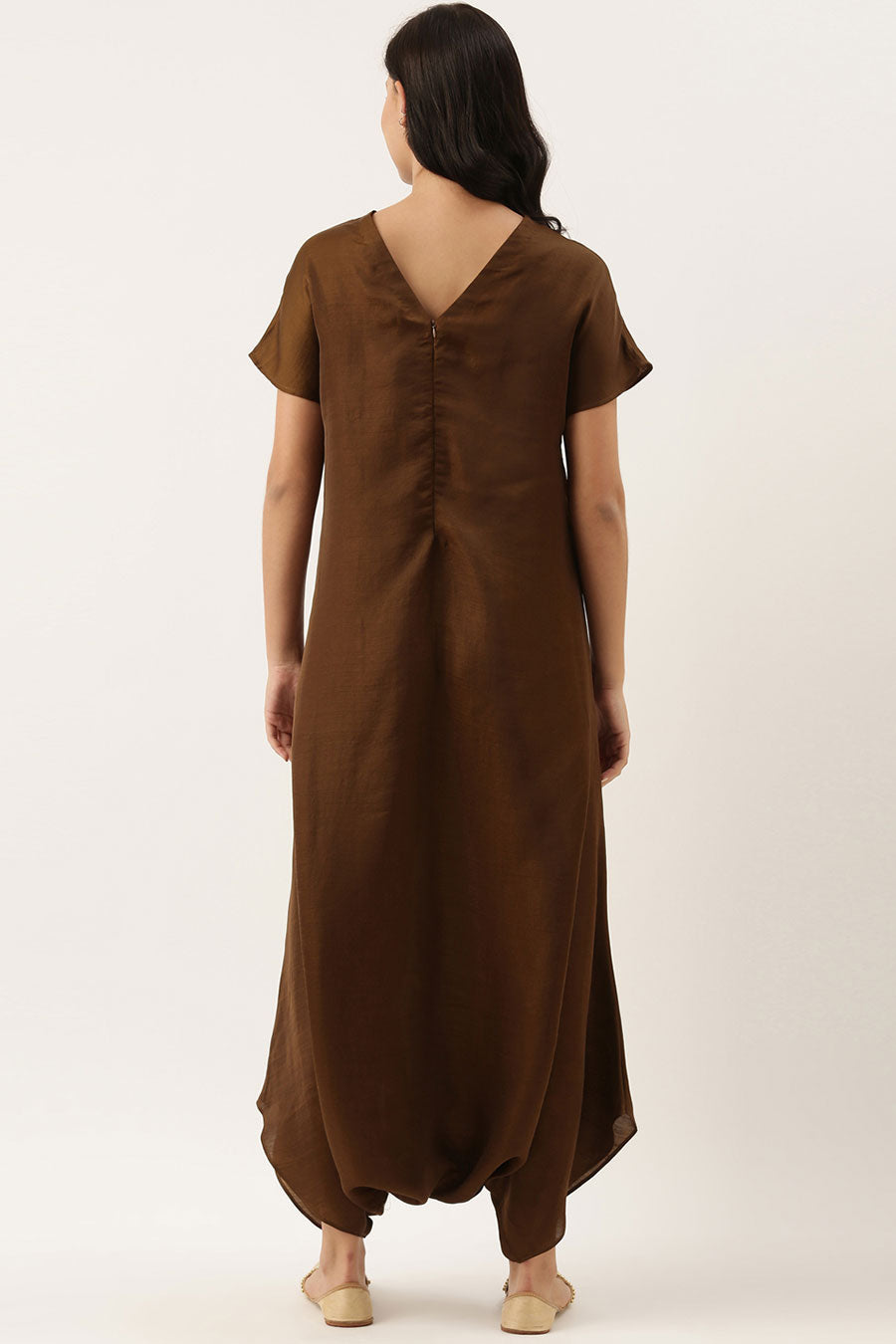 Brown Silk Embroidered Jumpsuit