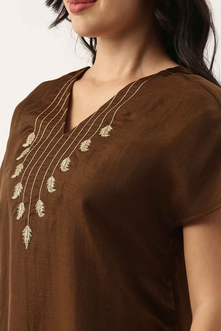 Brown Silk Embroidered Jumpsuit