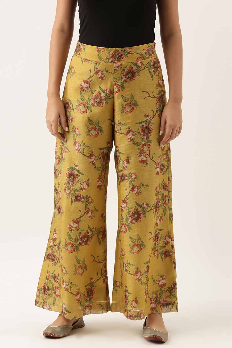 Mustard Chanderi Printed Palazzo Pants