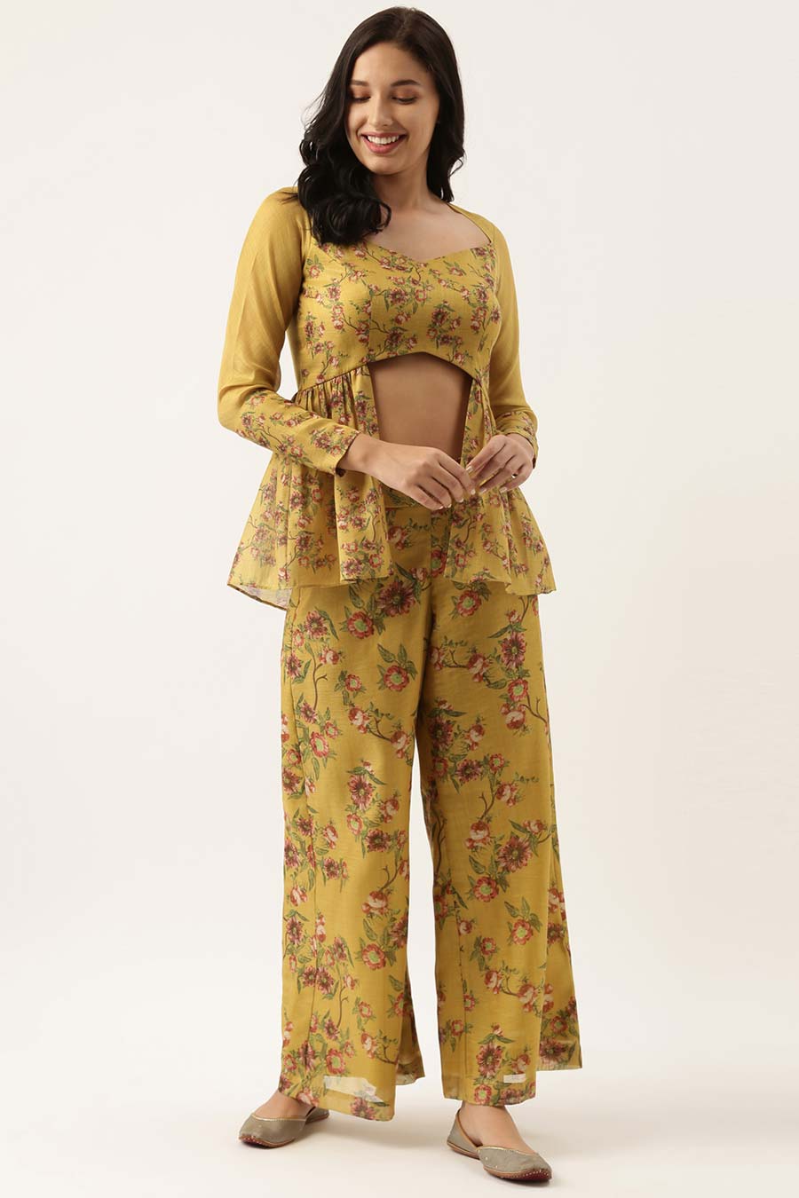 Mustard Chanderi Printed Palazzo Pants