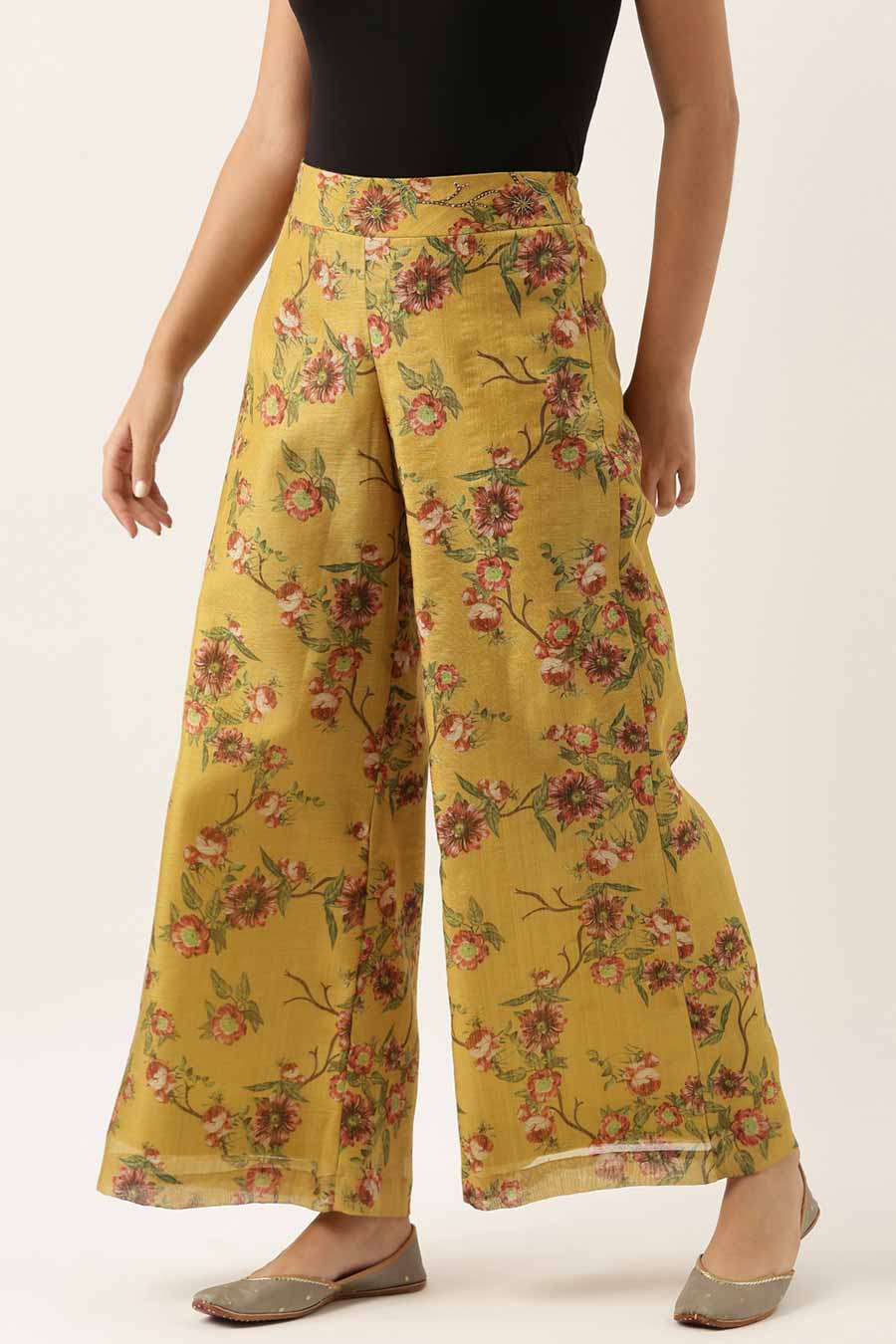 Mustard Chanderi Printed Palazzo Pants