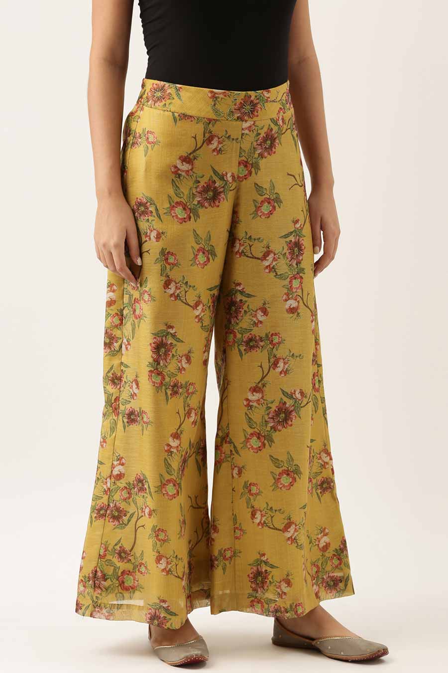 Mustard Chanderi Printed Palazzo Pants