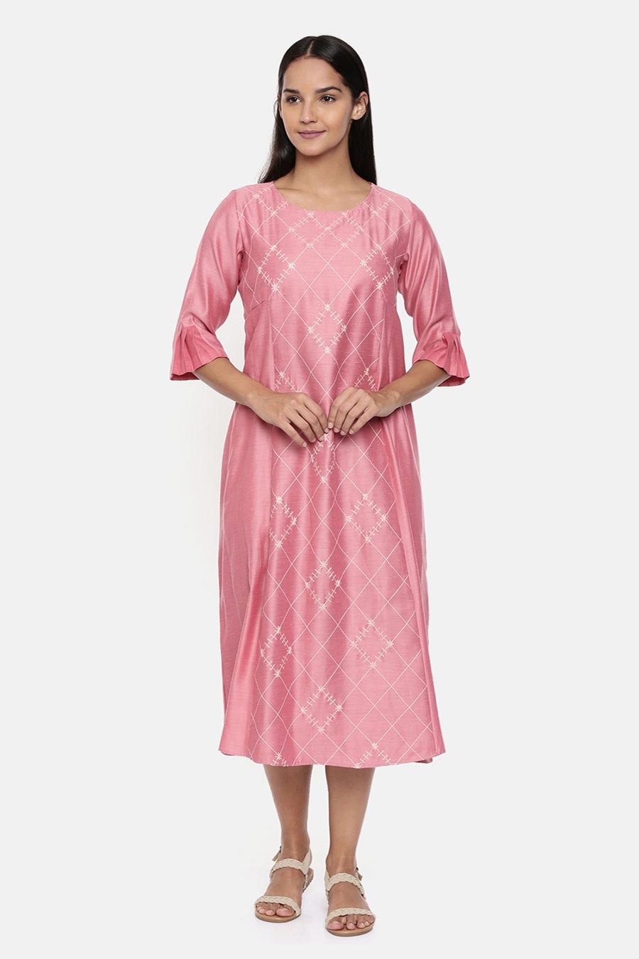 Pink Linen Satin Embroidered Dress