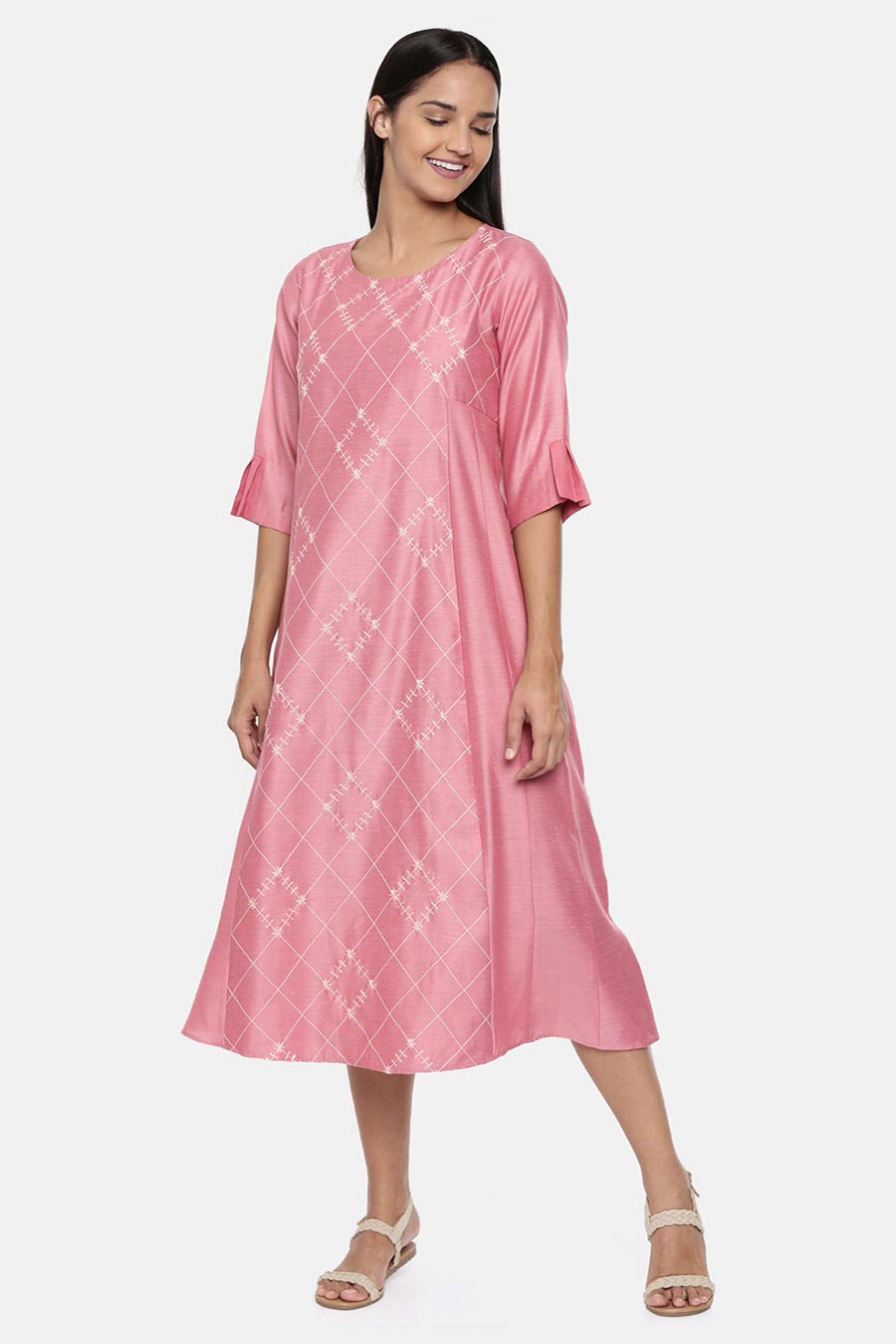 Pink Linen Satin Embroidered Dress