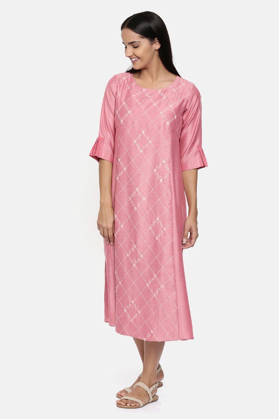 Pink Linen Satin Embroidered Dress