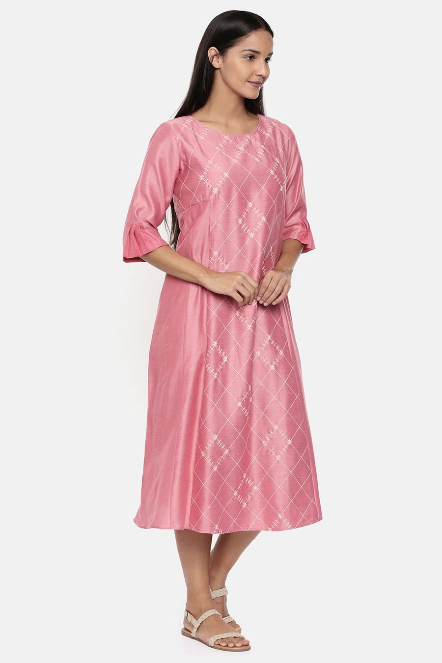 Pink Linen Satin Embroidered Dress