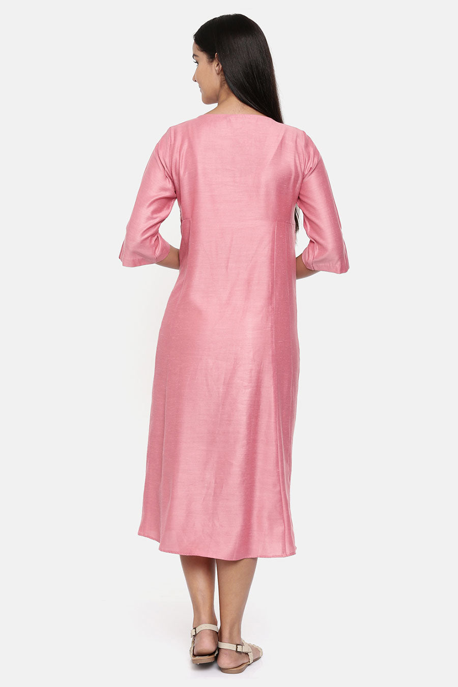 Pink Linen Satin Embroidered Dress