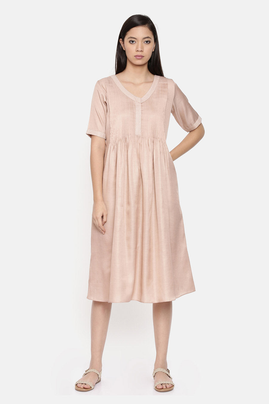 Mauve Pin Tuck Midi Dress