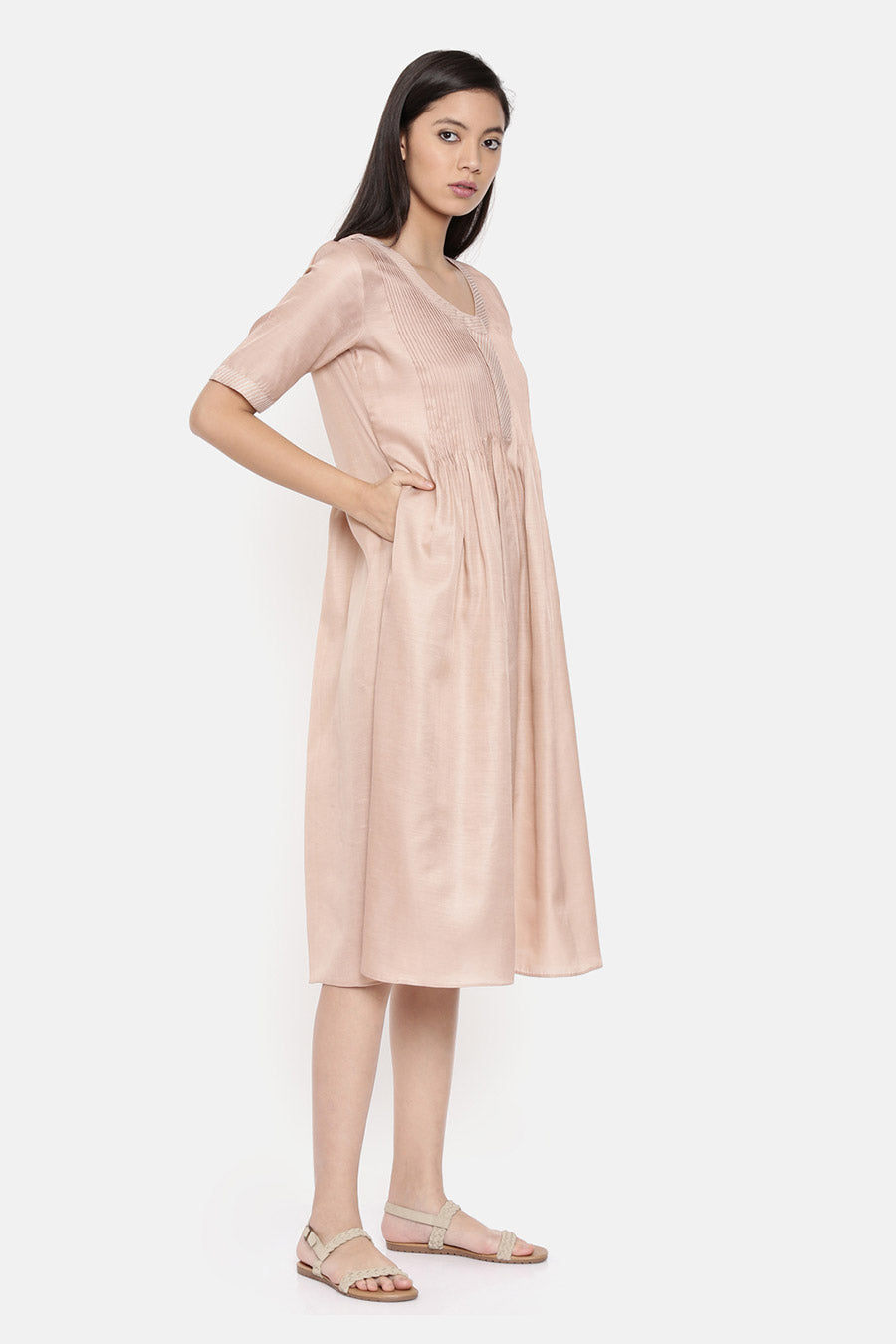 Mauve Pin Tuck Midi Dress