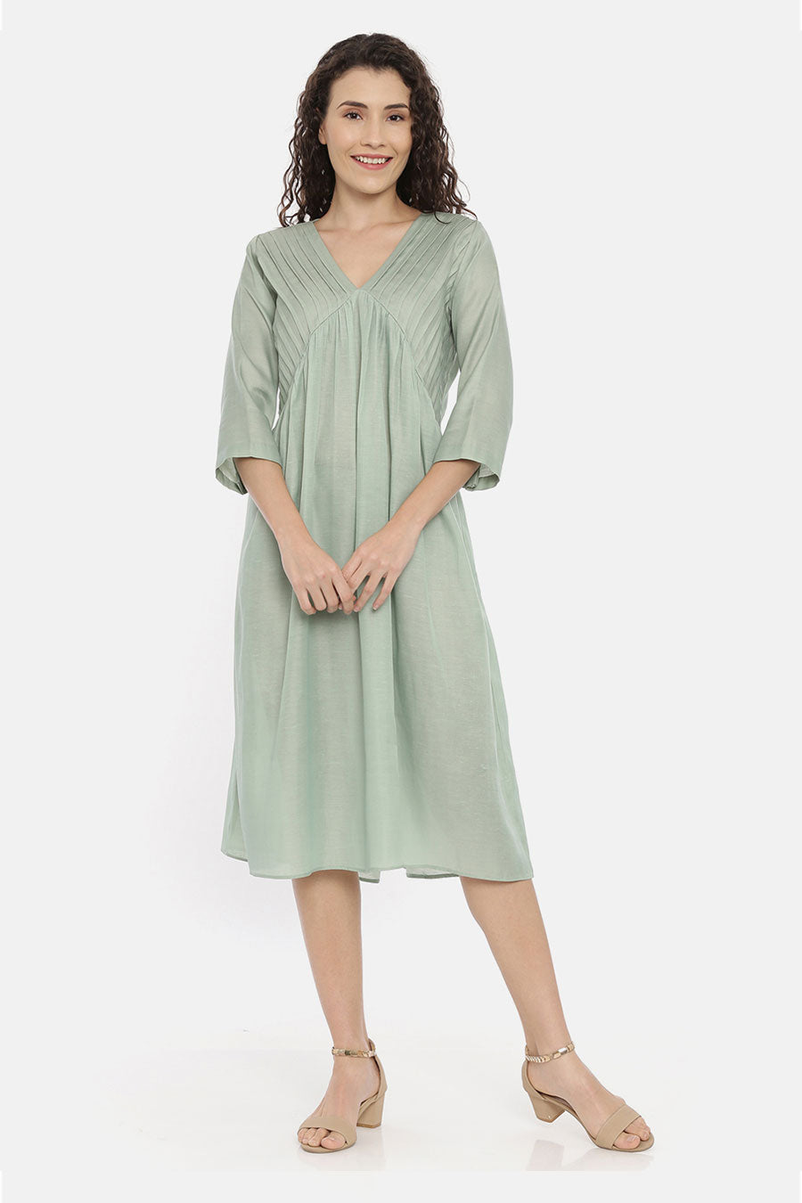 Green Pleated Midi Dress