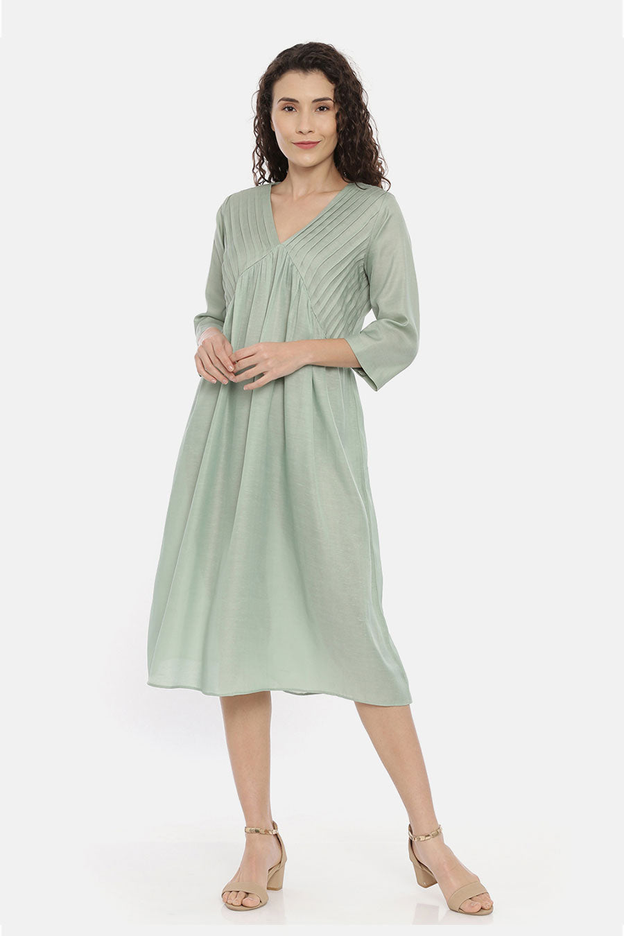 Green Pleated Midi Dress