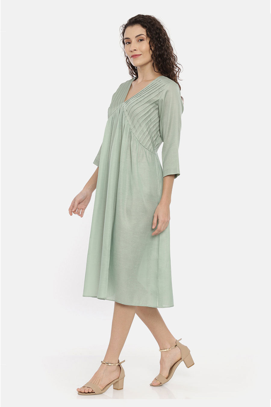 Green Pleated Midi Dress