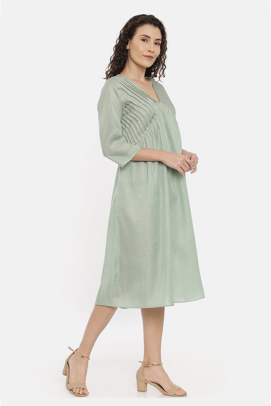 Green Pleated Midi Dress
