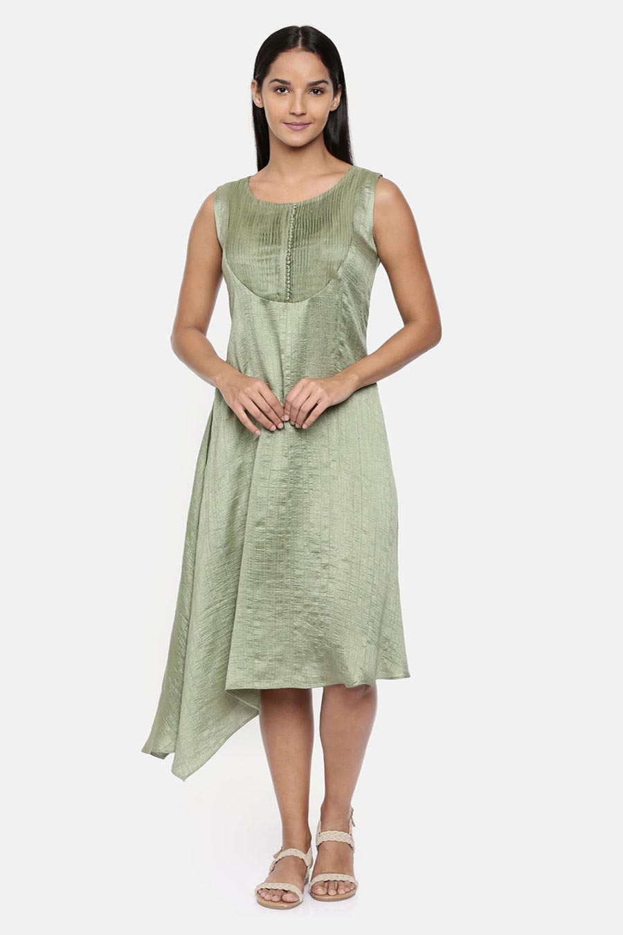 Green Asymmetric Pleated Dress