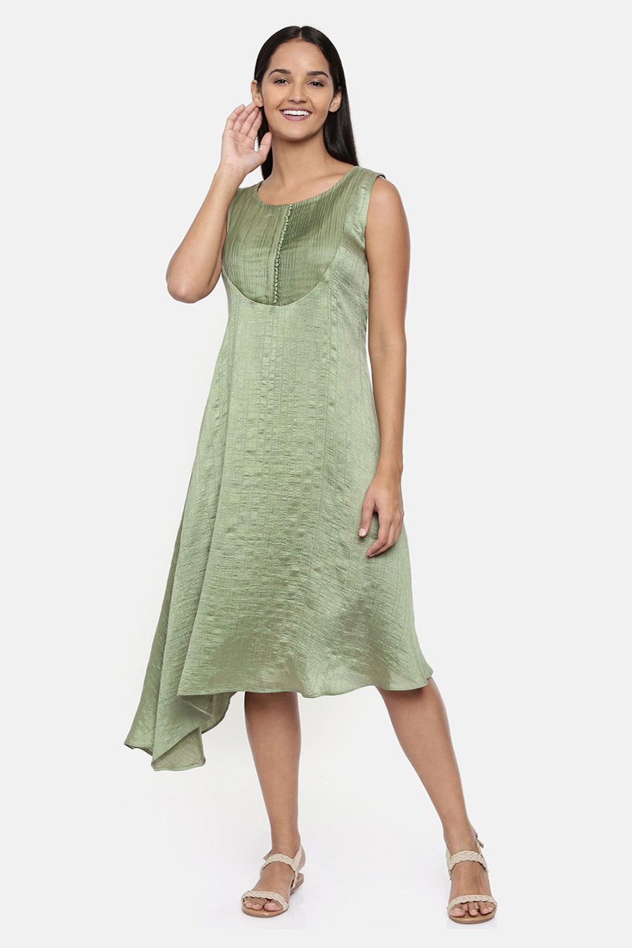 Green Asymmetric Pleated Dress