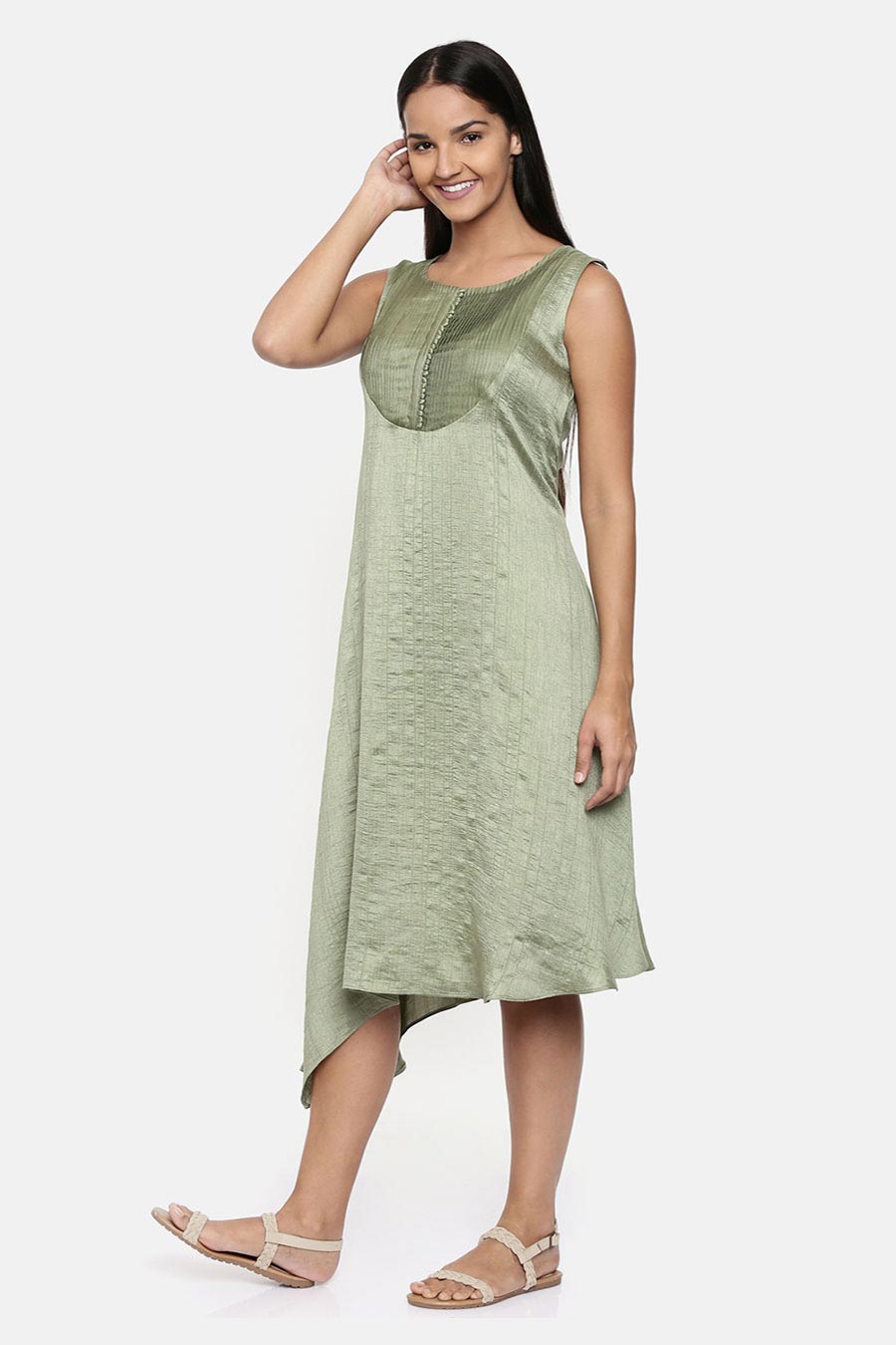 Green Asymmetric Pleated Dress