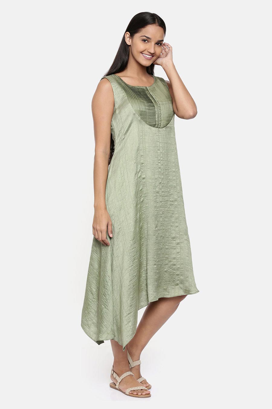 Green Asymmetric Pleated Dress