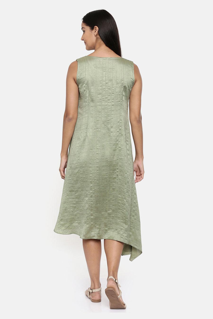 Green Asymmetric Pleated Dress