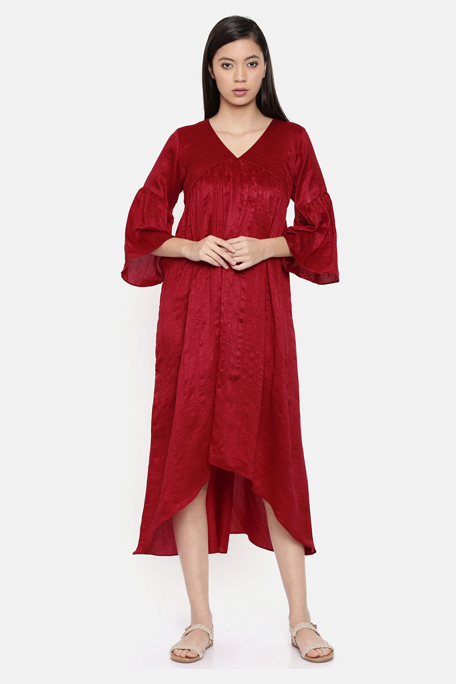 Red Asymmetric Gathered Dress