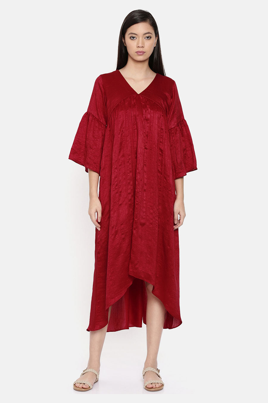 Red Asymmetric Gathered Dress