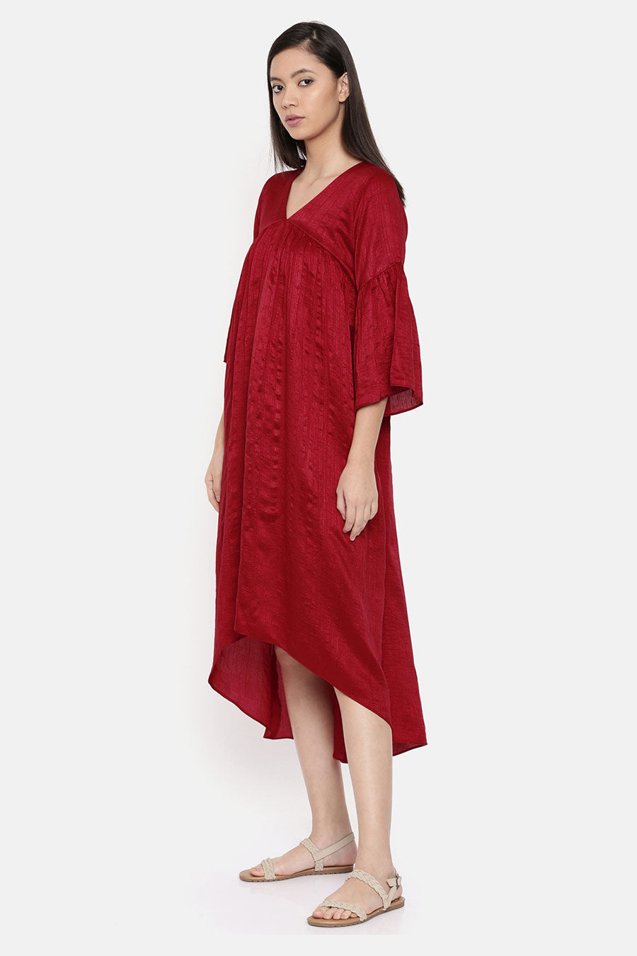 Red Asymmetric Gathered Dress