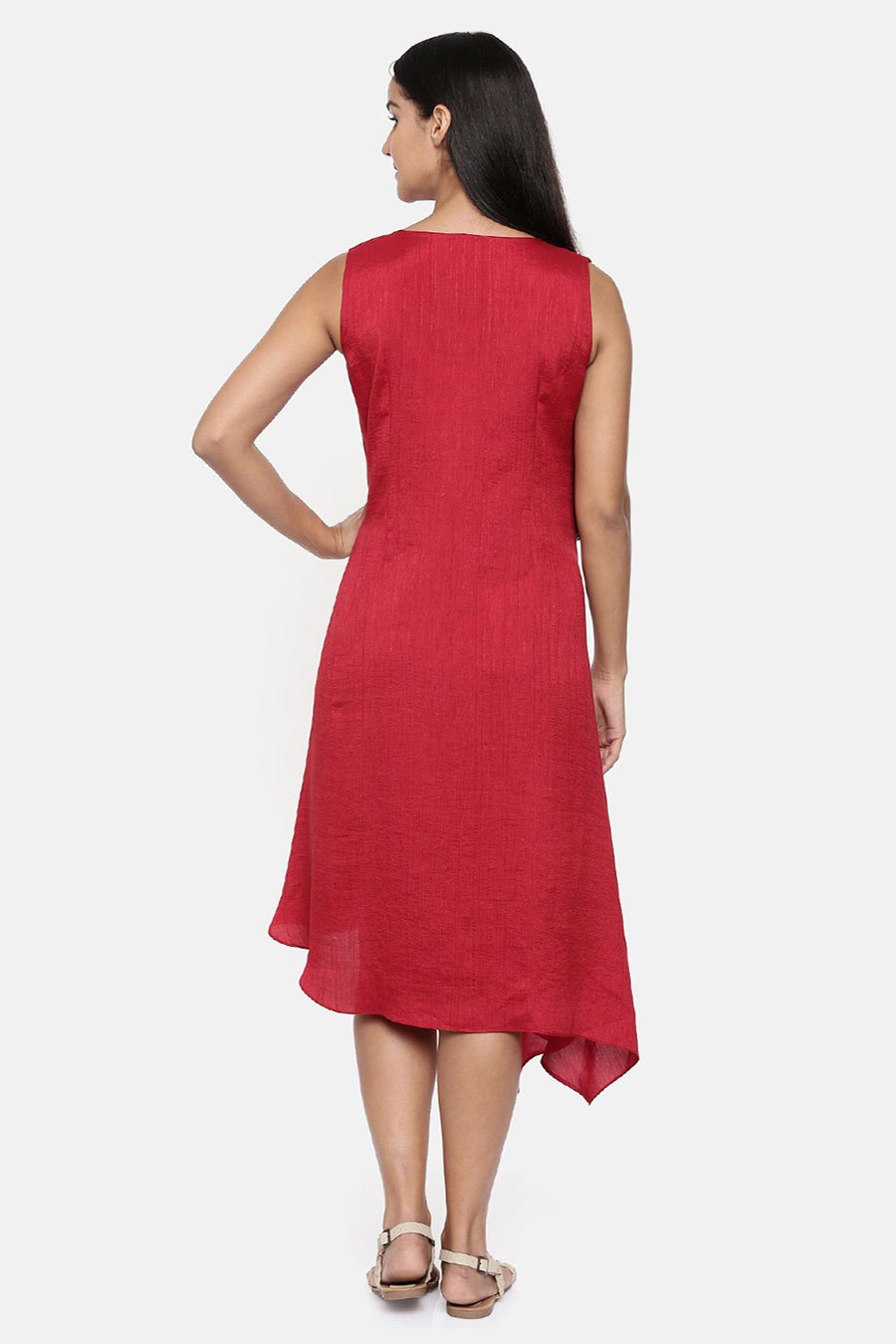 Red Cotton Silk Pleated Dress