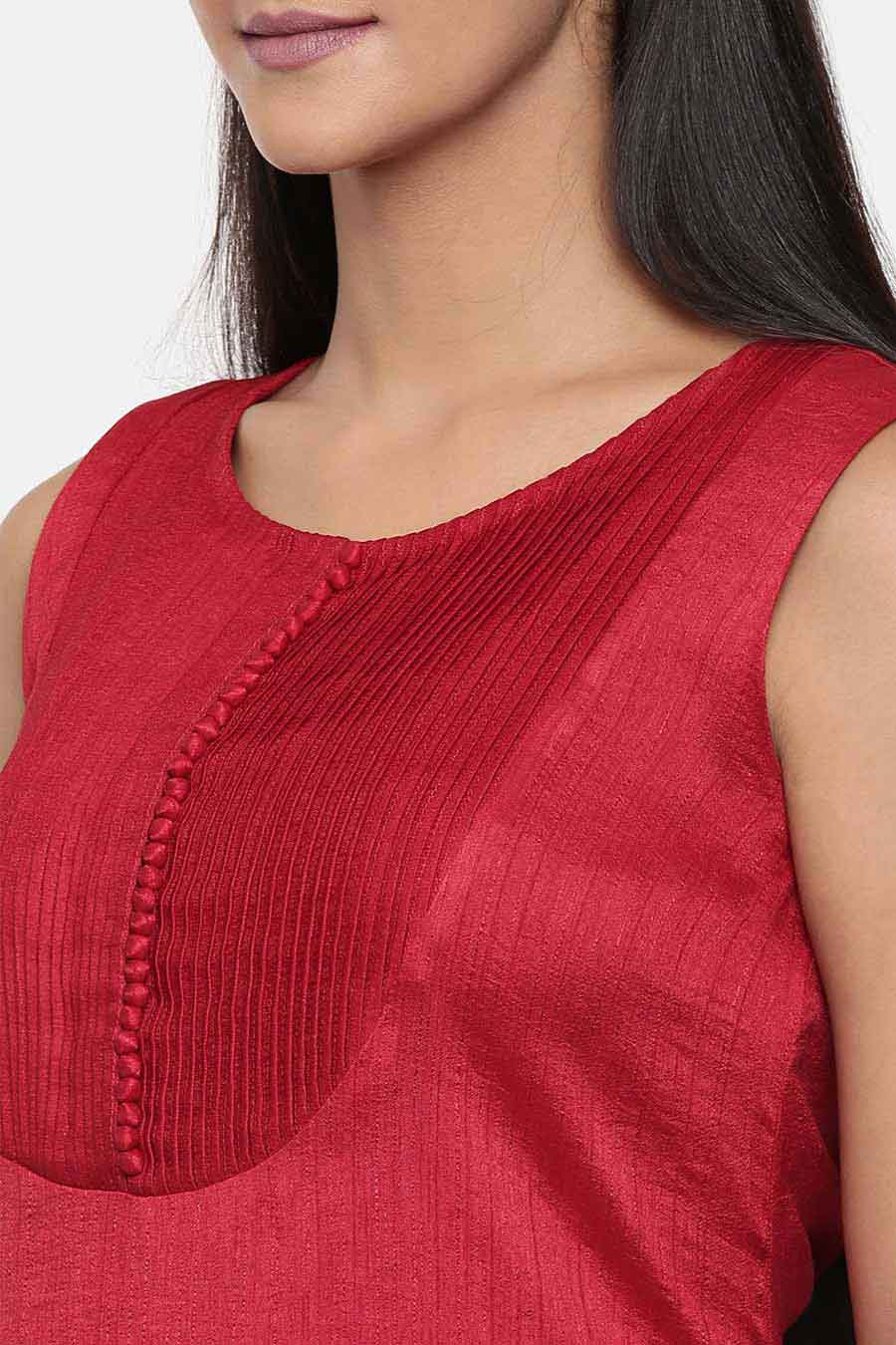 Red Cotton Silk Pleated Dress