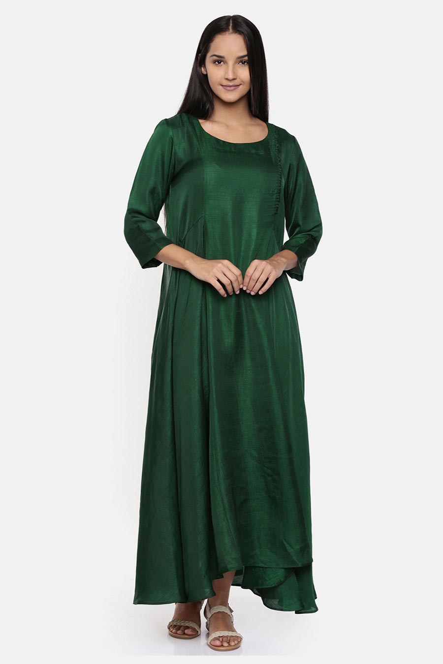Green Cotton Silk Maxi Dress