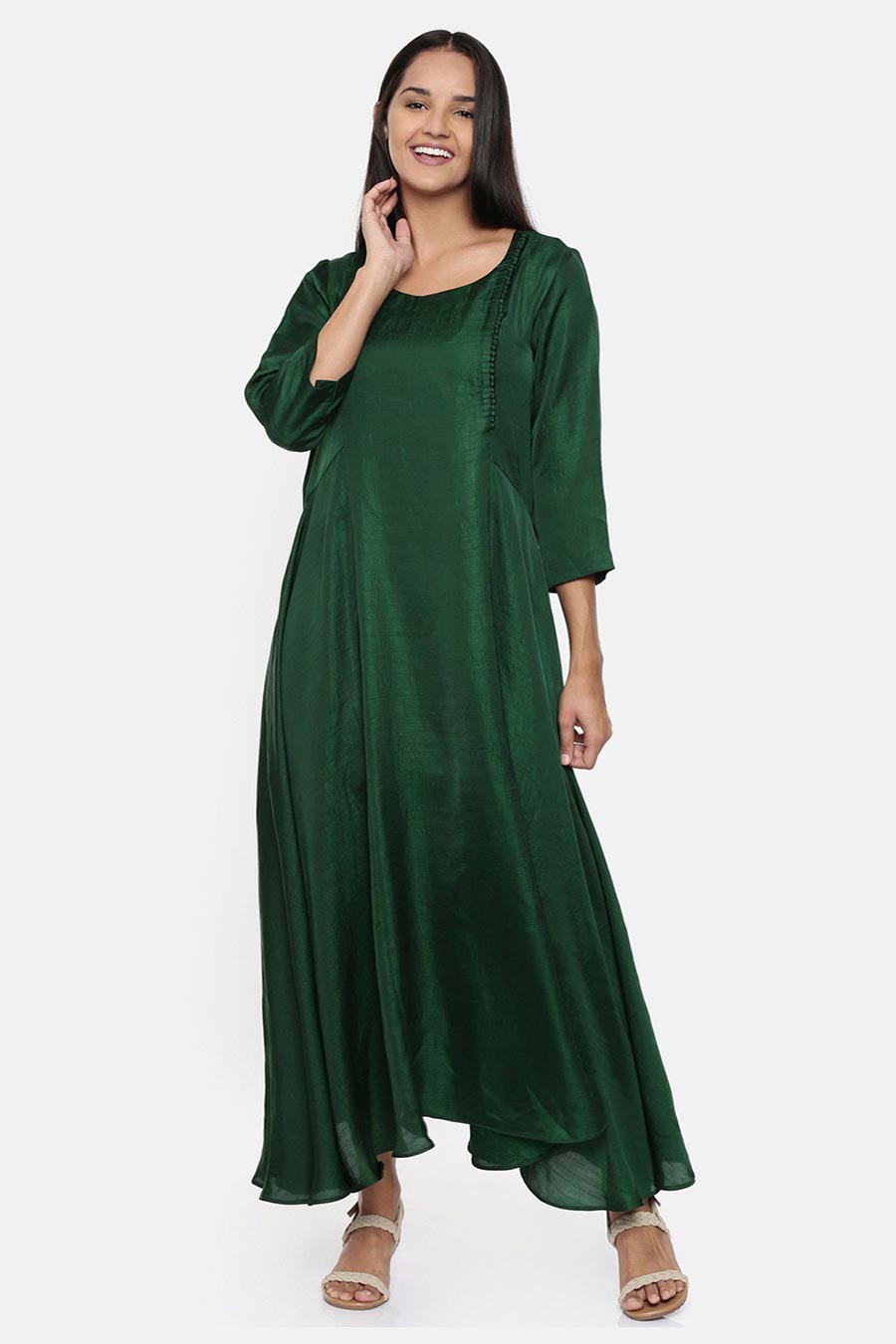 Green Cotton Silk Maxi Dress