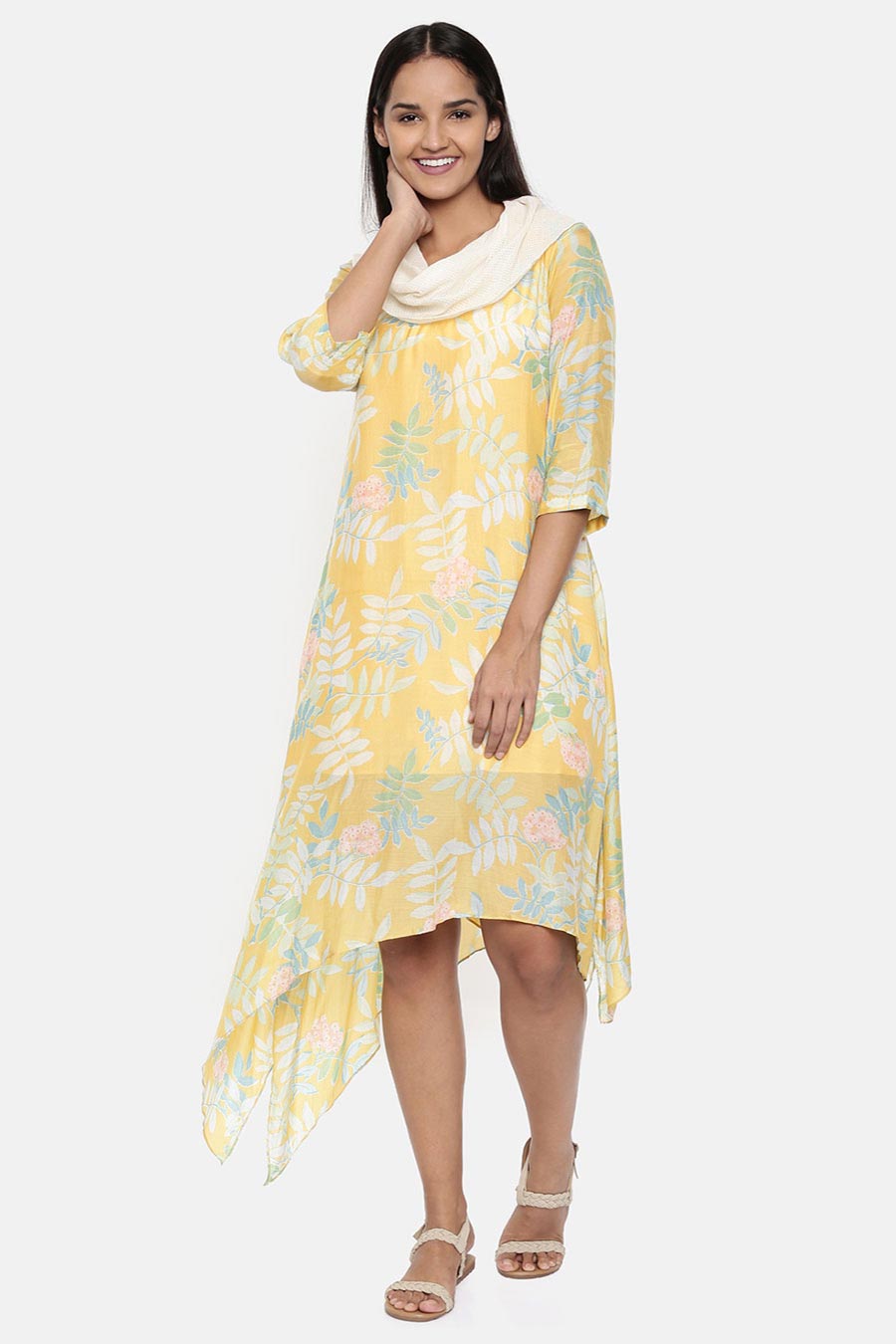 Yellow Printed Cowl Neck Dress
