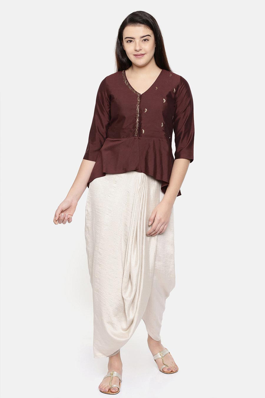 Brown Embroidered Dhoti Top