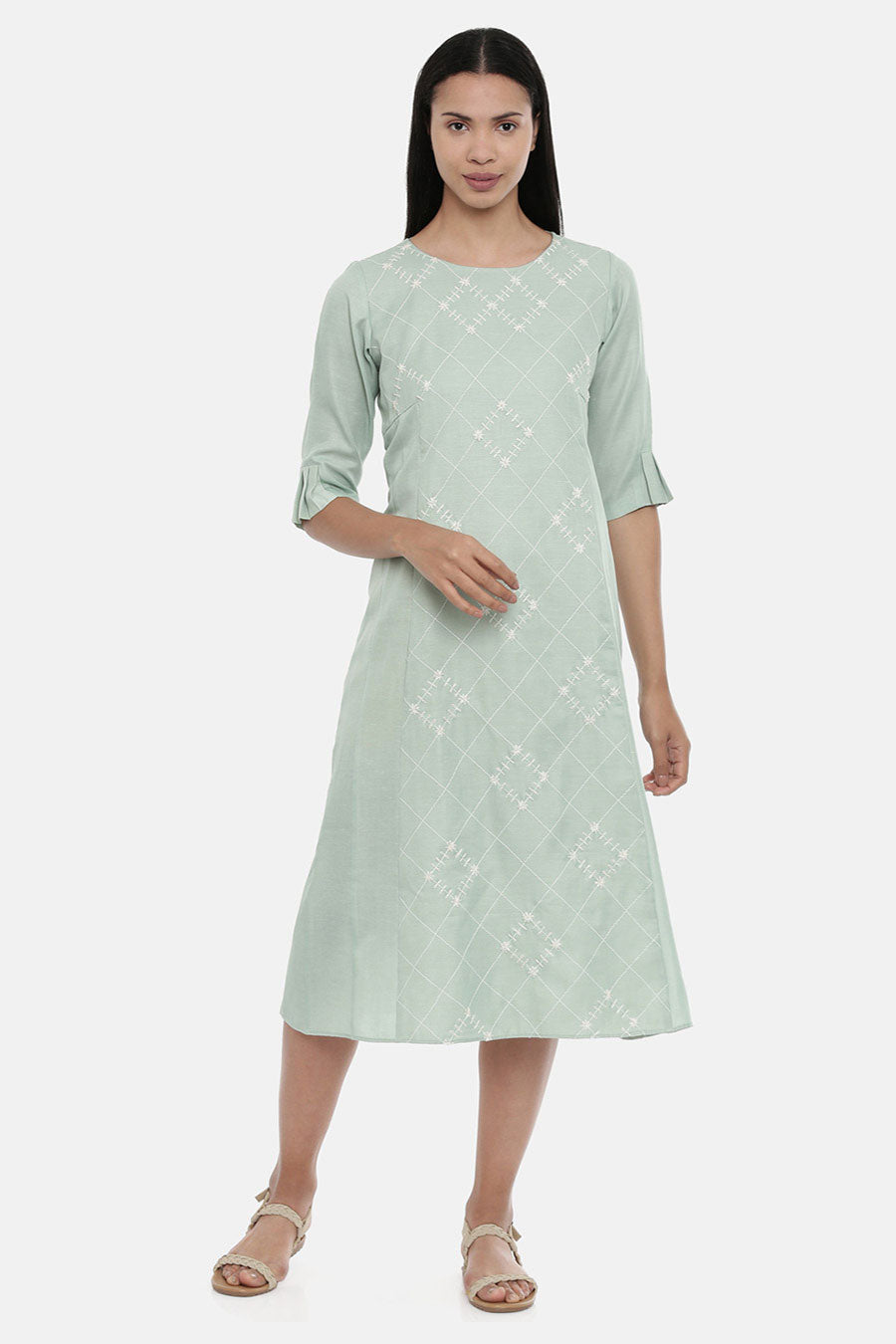 Green Linen Satin Panel Cut Dress