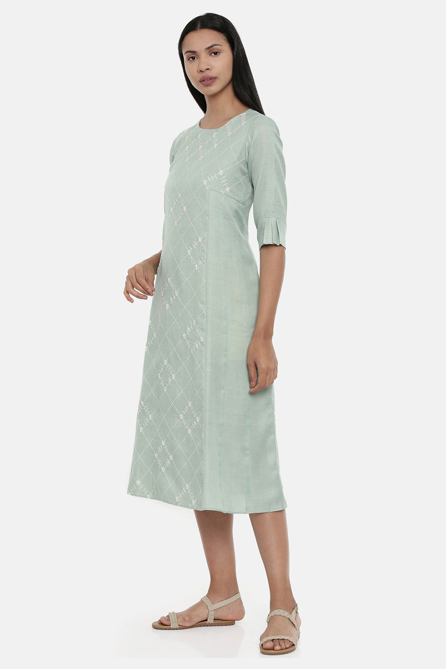 Green Linen Satin Panel Cut Dress