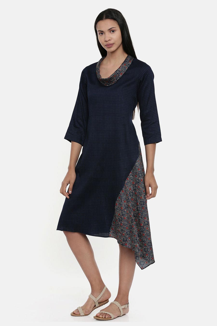 Blue Printed Asymmetrical Cowl Dress