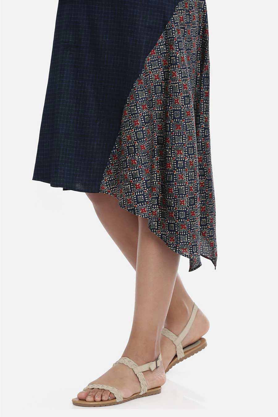 Blue Printed Asymmetrical Cowl Dress