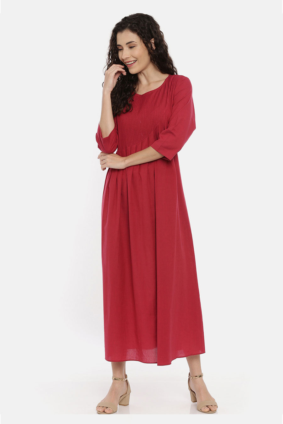 Cherry Red Cotton Pleated Dress