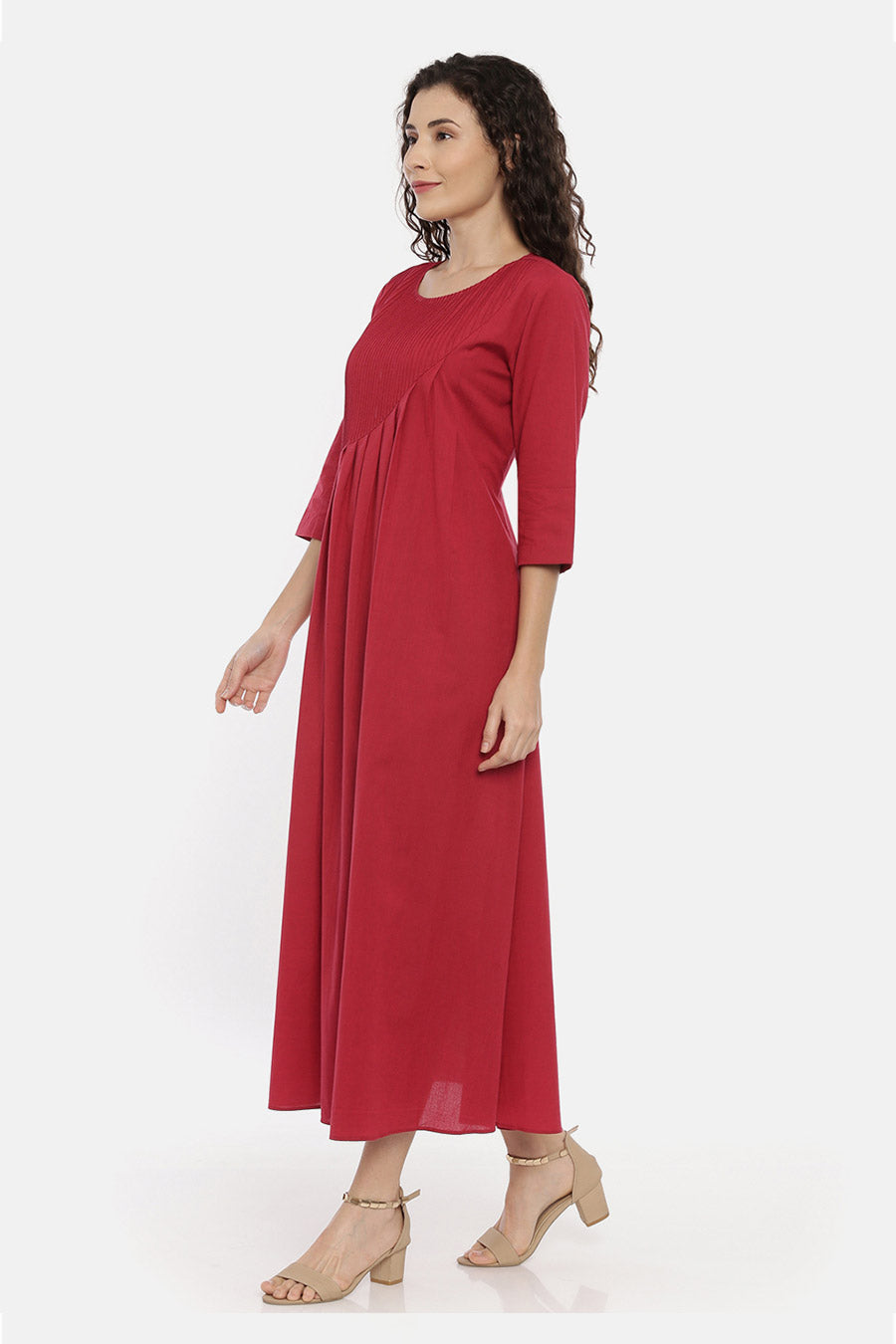 Cherry Red Cotton Pleated Dress