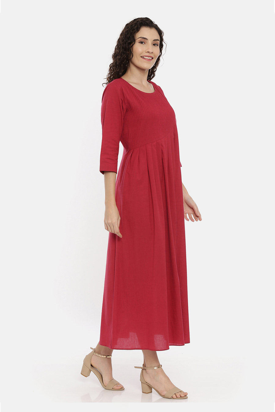 Cherry Red Cotton Pleated Dress