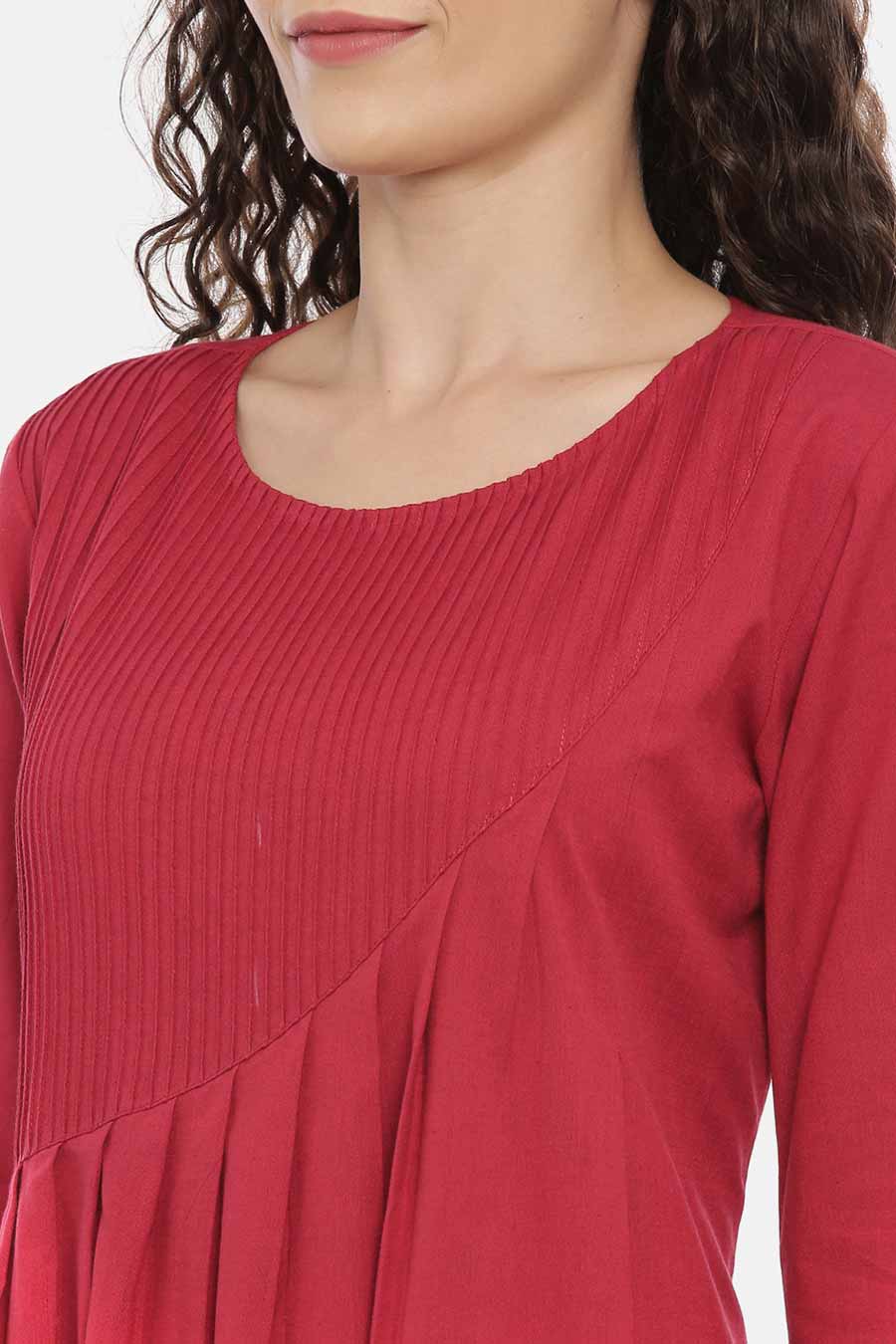 Cherry Red Cotton Pleated Dress