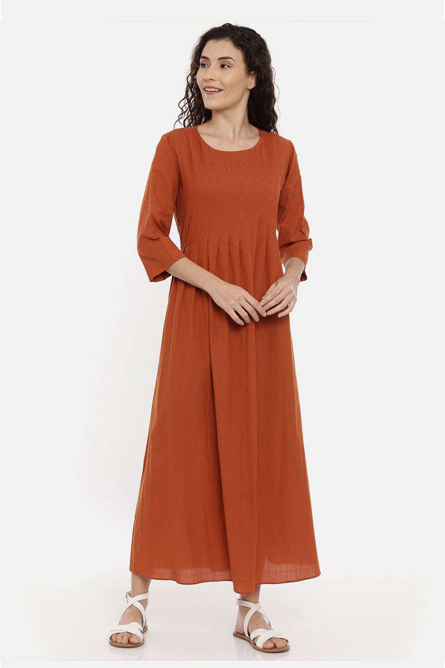 Rust Orange Cotton Pleated Dress