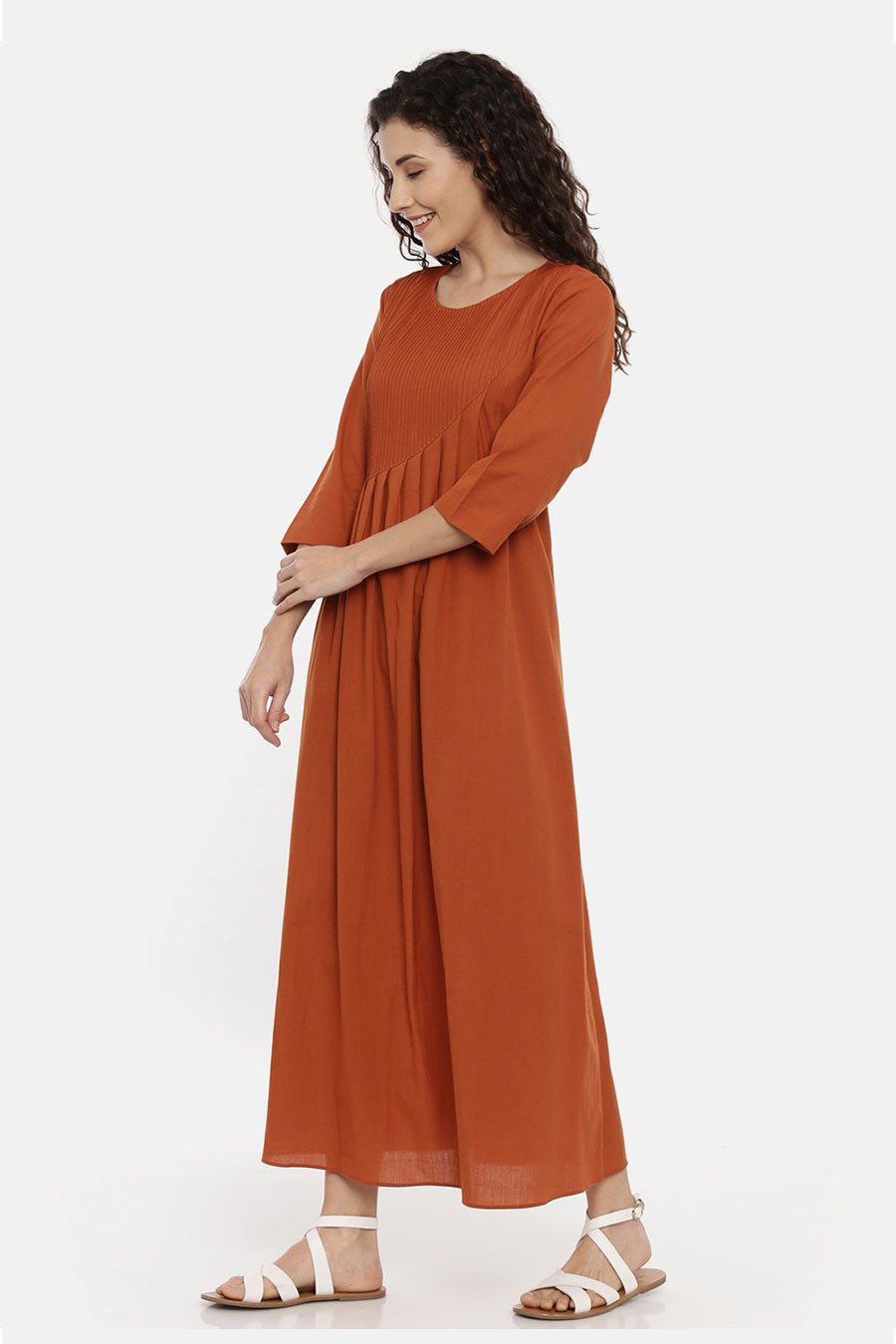 Rust Orange Cotton Pleated Dress