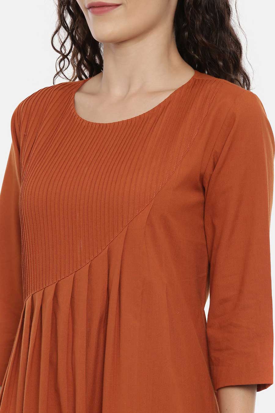 Rust Orange Cotton Pleated Dress